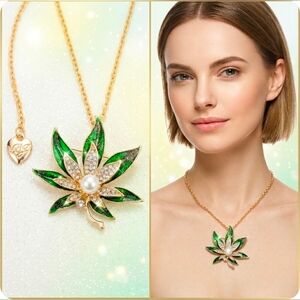 Gold-plated Sparkly Green Crystal Pearl Leaf Necklace/Brooch